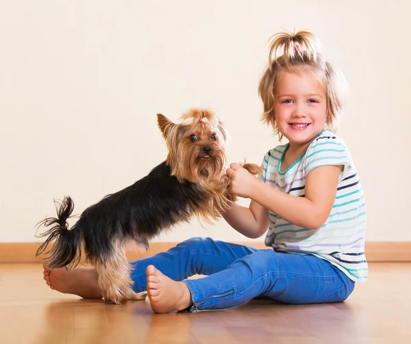 Kleines Mädchen im Besitz von yorkshire Terrier — Stockfoto