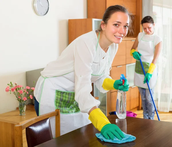 Two cheerful girls make cleaning — Stock Photo, Image