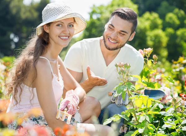 Hermosa pareja trabajando en jardines — Foto de Stock