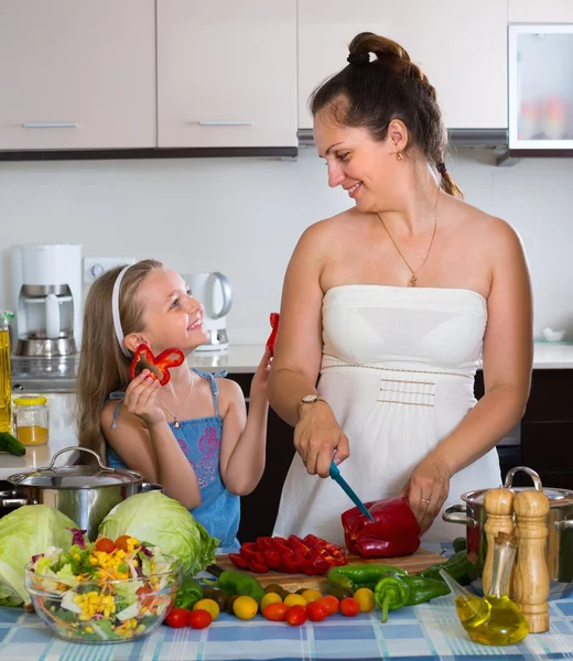 Dziewczynka z mamą w kuchni — Zdjęcie stockowe