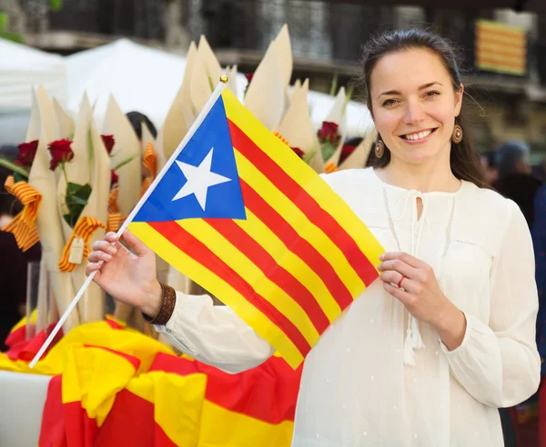 Smiling woman with  Flag of Catalonia — Stock Photo, Image