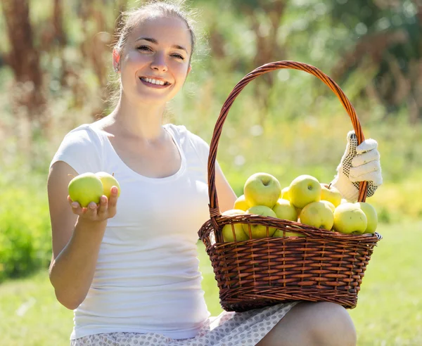 Mädchen mit Äpfeln ernten — Stockfoto