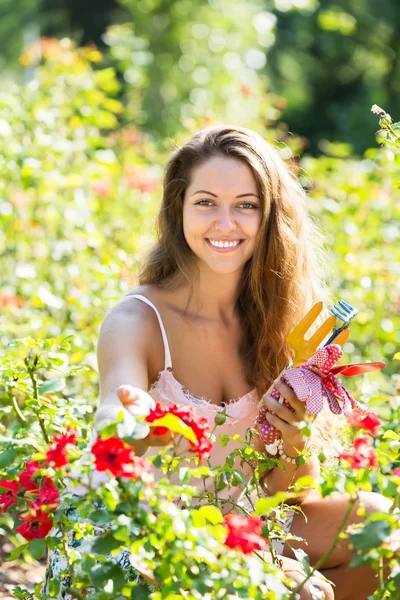 Femme jardinage avec des roses — Photo