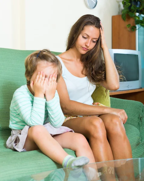 Mother and little daughter sitting on couch — Stock Photo, Image