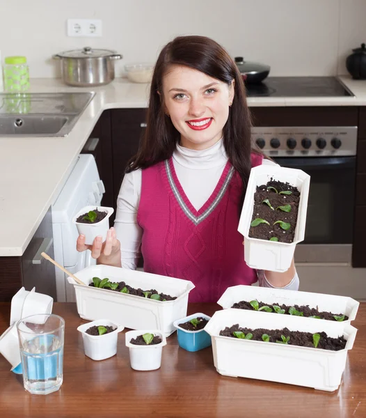 Happy brunette girl with seedlings — Stock Photo, Image