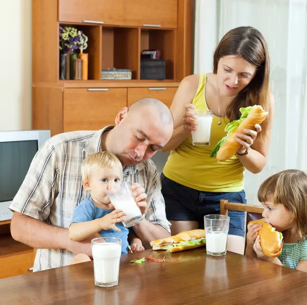 Семья из четырех человек ест сэндвичи — стоковое фото