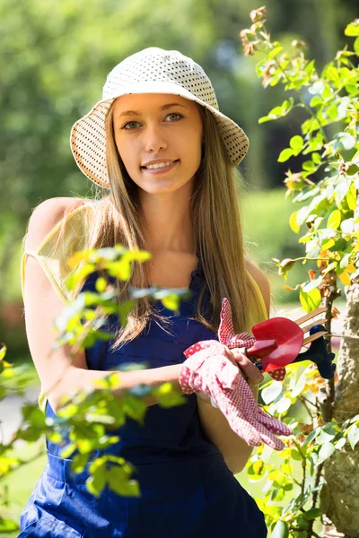 Woman  in uniform working with roses — Stock Photo, Image