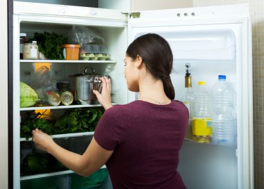 housewife standing near filled fridge clipart