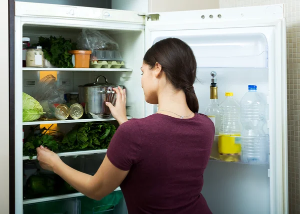 Housewife standing near filled fridge — Stock Photo, Image