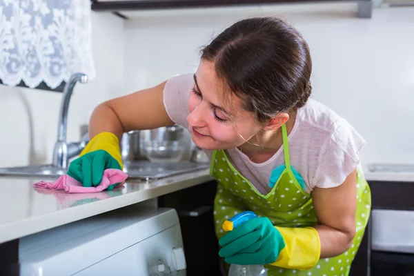 Vrouwelijke houseworker met doek en reinigingsmiddel — Stockfoto