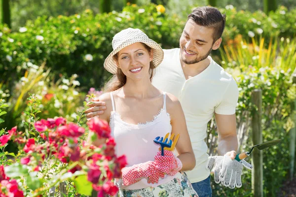 Giovane coppia che lavora in giardino — Foto Stock