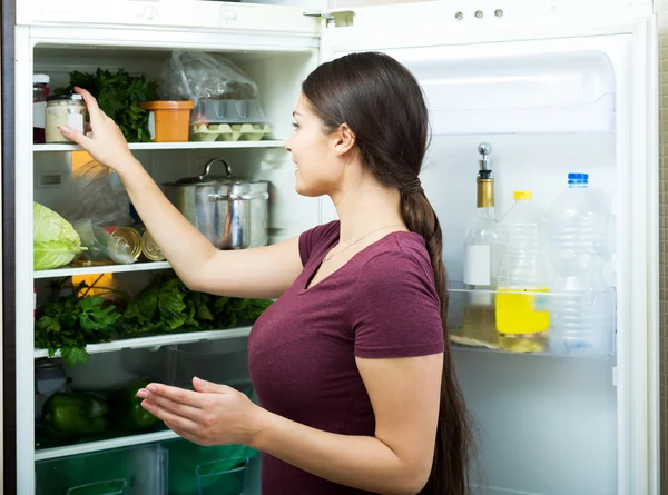 Housewife standing near filled fridge — Stock Photo, Image