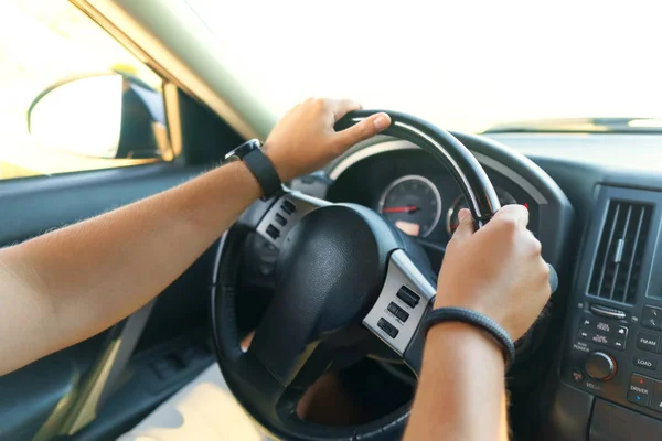 Driver Hands Steering Wheel Car Dashboard — Stock Photo, Image