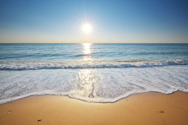 Gün batımında güzel bir sahil. Kumsal kıyısı doğa kompozisyonu. Rahatla ve seyahat sahnesi.