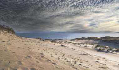 Gün ortasında kum tepeleri. Curonian Spit, Litvanya. Bulutlu gökyüzü.