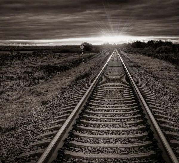 Autumn Morning Sun Shine Railway Monochrome Image Sepia — Stock Photo, Image