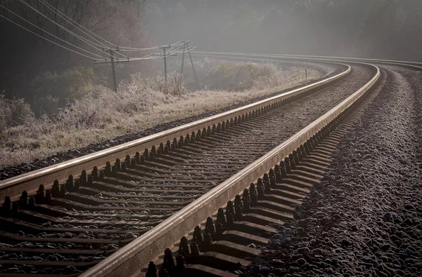 Frosty Morning Railway Ascends Sun Sepia Image Selective Focus — Stock Photo, Image