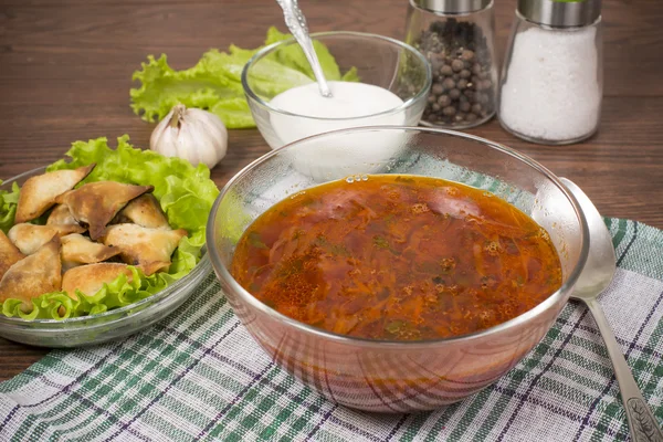 Borsch with ears from the test — Stock Photo, Image