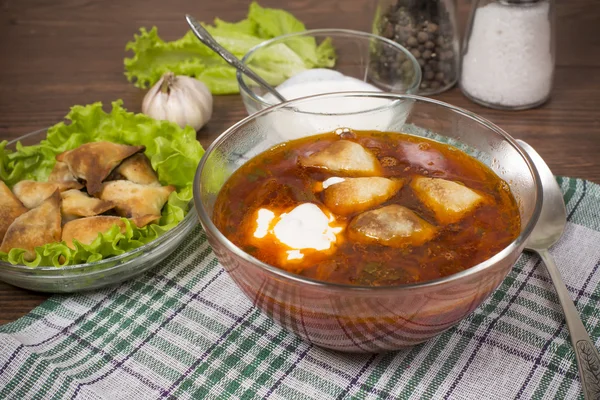 Borsch with ears from the test — Stock Photo, Image
