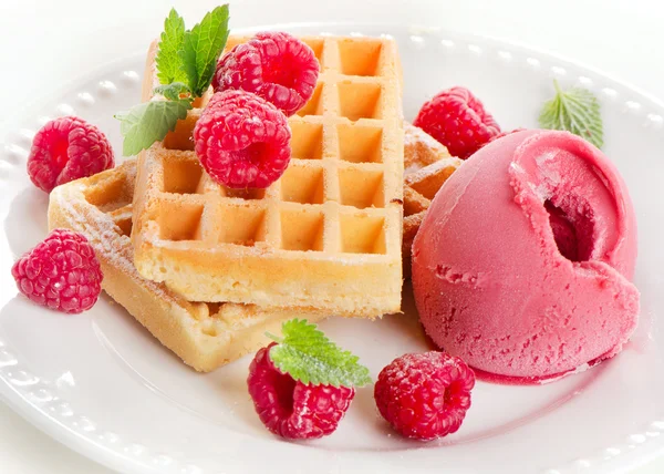 Belgian waffles with raspberries sorbet — Stock Photo, Image