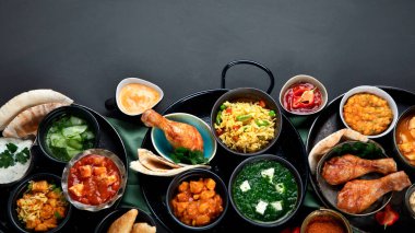 Geleneksel Hint mutfağı. Ev yapımı Hint tarifleri. Üst görünüm, alanı kopyala