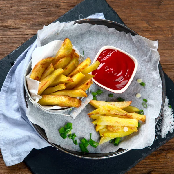 Homemade Baked Potato Fries Top View Copy Space — Stock Photo, Image