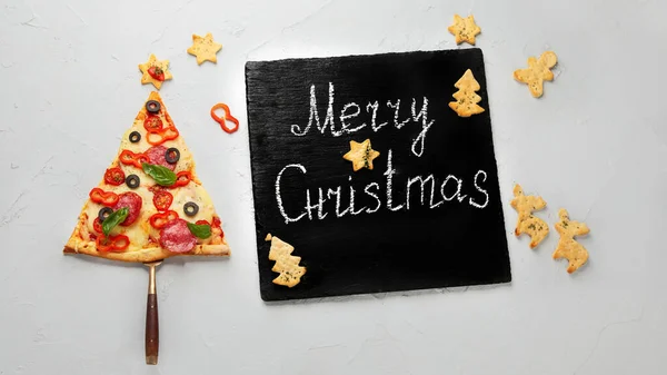 Piece Pizza Set Christmas Tree Christmas New Year Concept Top — Stock Photo, Image