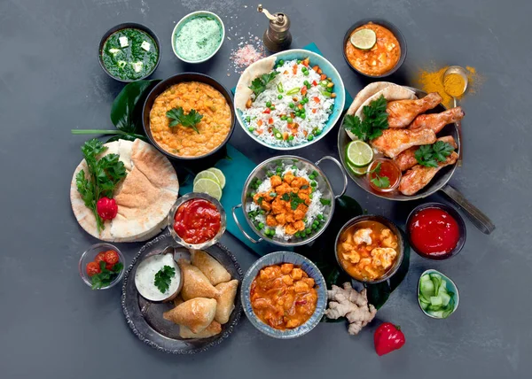 Cocina Tradicional India Recetas Indias Comida Variada Vista Superior Espacio — Foto de Stock