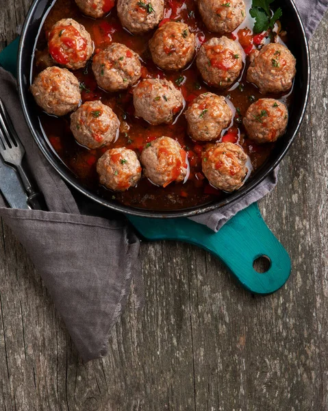 Traditionella Köttbullar Stekpanna Ovanifrån Kopiera Utrymme — Stockfoto