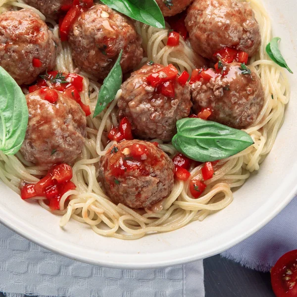 Almôndegas Com Molho Tomate Espaguete Receita Italiana Autêntica Vista Superior — Fotografia de Stock