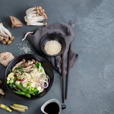 Mantar ve sebzeli Udon eriştesi. Asya tarzı sağlıklı yiyecekler. Üst görünüm, alanı kopyala