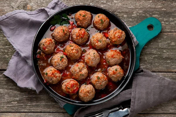 Traditional Meatballs Frying Pan Top View Copy Space — Stock Photo, Image