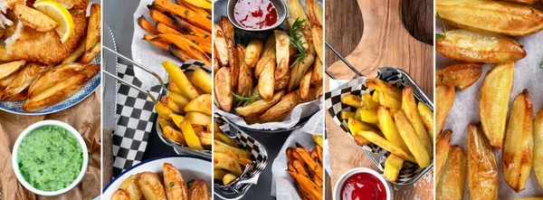 Different Types Fast Food Collage Panorama — Stock Photo, Image