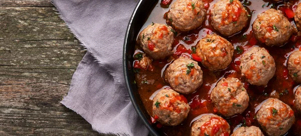 Traditional Meatballs Frying Pan Top View Copy Space Panorama Banner — Stock Photo, Image