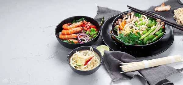 Diverse Aziatische Maaltijden Aziatisch Voedselconcept Chinese Thaise Keuken Kopieerruimte — Stockfoto