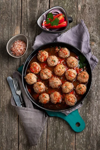 Traditionella Köttbullar Stekpanna Ovanifrån — Stockfoto