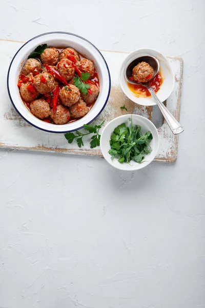 Hausgemachte Frikadellen Mit Tomatensauce Selbstgemachtes Ansicht Von Oben Kopierraum — Stockfoto