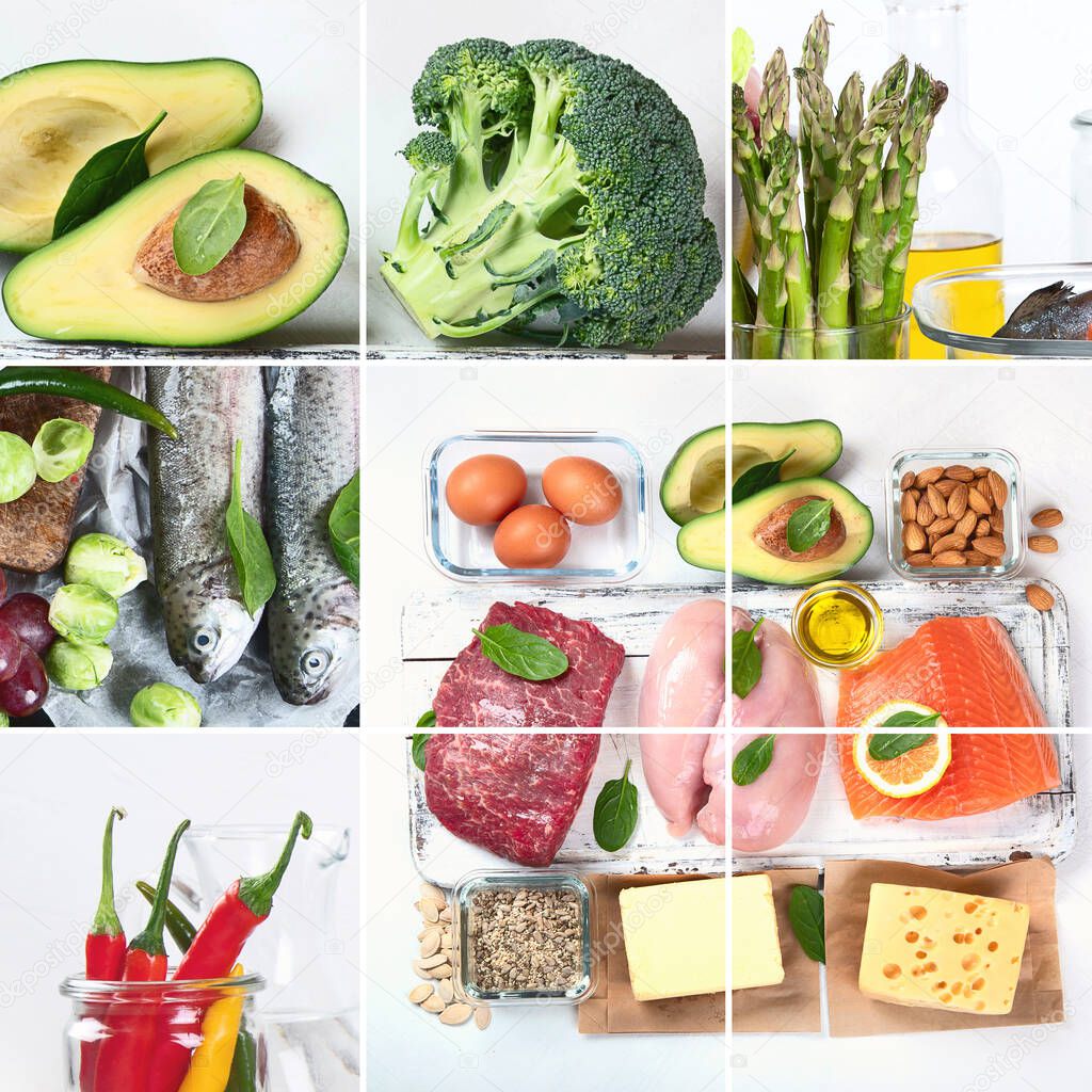 Healthy low carbs food.. Ketogenic diet concept. Food Collage. 