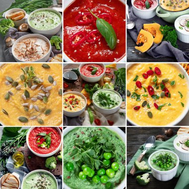 Sebze çorbası kolajı. Brokoli, yeşil bezelye, balkabağı, domates, mantar çorbası vegan ve vejetaryen, yüksek miktarda vitamin ve antioksidan tüketiyor. Sağlıklı gıda konsepti.