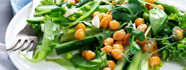 Chickpea Salad Vegetables Vegan Cheese Vegan Homemade Food Panorama Banner — Stock Photo, Image