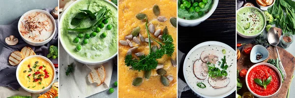 Collage Vegetable Soups Broccoli Green Peas Pumpkin Tomato Mushrooms Soup — 스톡 사진