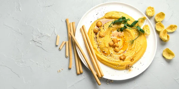 Olika Typer Hummus Dopp Traditionellt Hemlagat Snacks Koncept Ovanifrån Kopiera — Stockfoto