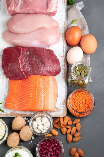Melhores Produtos Ricos Proteínas Alimentação Saudável Conceito Dieta Vista Superior — Fotografia de Stock