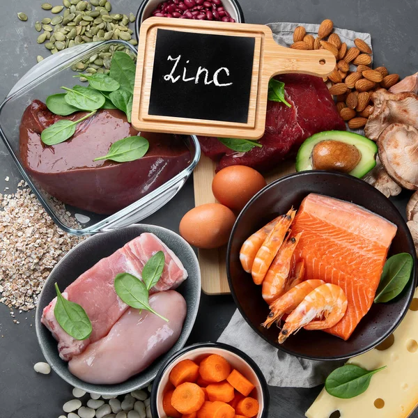 Fuentes Saludables Zinc Concepto Alimentación Saludable Dieta Productos Naturales Que — Foto de Stock