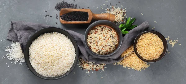 Set Different Types Rice Grey Background Top View Panorama Banne — Stock Photo, Image