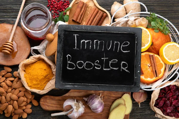 Produits Sains Pour Immunité Stimulant Les Remèdes Froids Sur Table — Photo