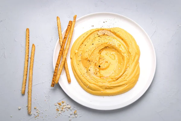 Diferentes Tipos Hummus Concepto Tradicional Snacks Caseros Vista Superior Espacio — Foto de Stock