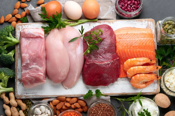 Mejores Productos Ricos Proteínas Concepto Alimentación Saludable Dieta Vista Superior —  Fotos de Stock