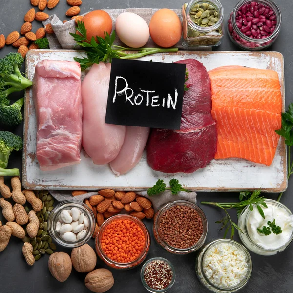 Καλύτερα Προϊόντα Υψηλή Περιεκτικότητα Πρωτεΐνη Υγιεινή Διατροφή Και Διατροφή Έννοια — Φωτογραφία Αρχείου