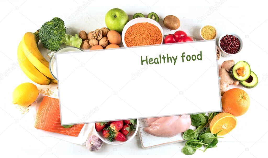 Healthy food concept. Balanced diet eating. Collage of Natural food.
